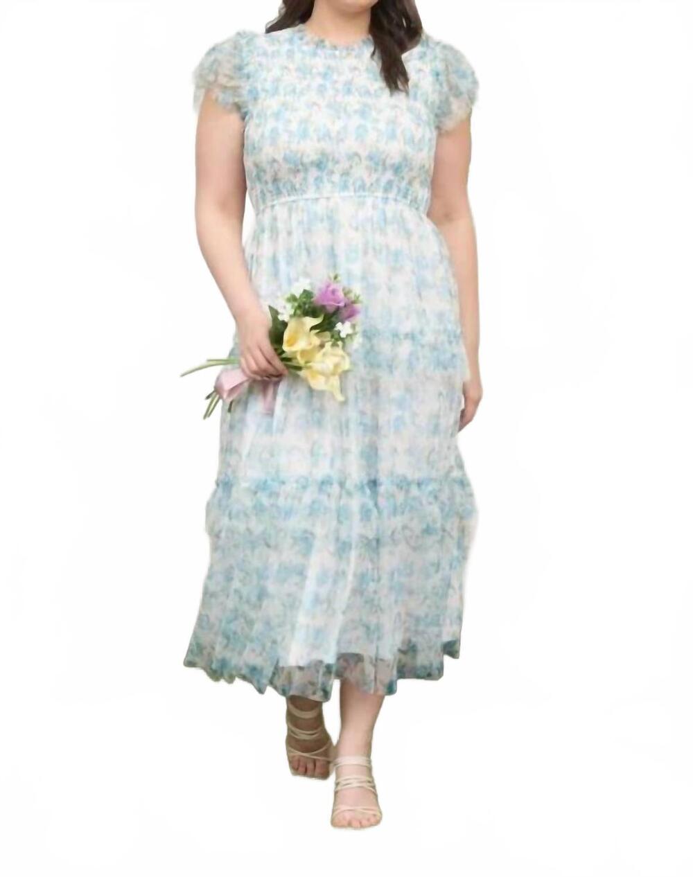 NEW MINE AND E&M floral tulle pattern smocked midi dress - plus in blue